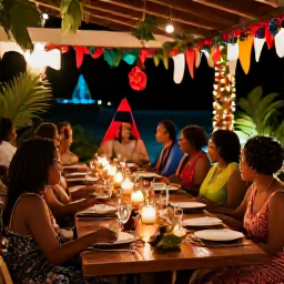 Caribbean Holidays, December Spa Breaks, Festive Jamaican resort dinner in December with tropical decorations, candlelit tables and guests enjoying relaxed Caribbean hospitality