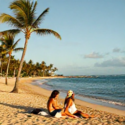 Caribbean Holidays, December Spa Breaks, Golden sandy beach near a Puerto Rico resort, calm turquoise sea, palm trees and a couple enjoying a December afternoon
