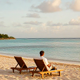 Caribbean Holidays, December Spa Breaks, Golden sandy beach on Saint Kitts with calm turquoise water, sun loungers and a visitor enjoying a quiet morning by the sea