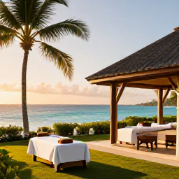 Caribbean Holidays, December Spa Breaks, Luxurious Caribbean spa resort beside a turquoise sea at sunrise, palm trees and elegant treatment rooms