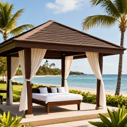 Caribbean Holidays, December Spa Breaks, Luxury Caribbean spa resort with an outdoor treatment pavilion, palm trees and calm blue sea in December sunshine