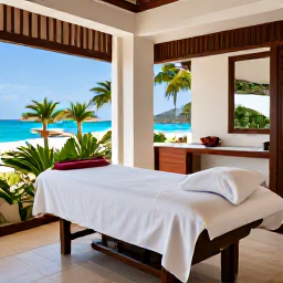 Caribbean Holidays, December Spa Breaks, Luxury spa treatment room in Saint Martin with natural light, tropical plants, massage table and views of the Caribbean