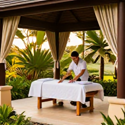 Caribbean Holidays, December Spa Breaks, Open-air Caribbean spa pavilion surrounded by tropical gardens, with a therapist preparing a treatment and soft afternoon light