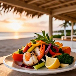 Caribbean Holidays, December Spa Breaks, Outdoor restaurant in Turks and Caicos serving fresh seafood and colourful healthy dishes at sunset