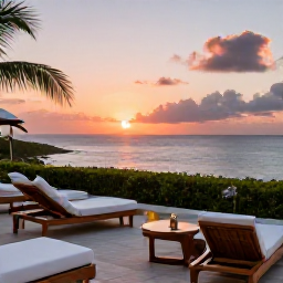 Caribbean Holidays, December Spa Breaks, Peaceful luxury hotel terrace overlooking the Caribbean sea at sunset in Saint Barth&eacute;lemy