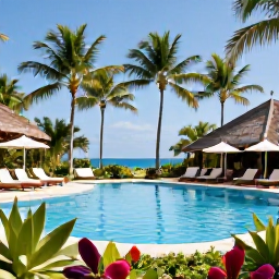 Caribbean Holidays, December Spa Breaks, Peaceful Puerto Rico spa resort pool surrounded by palm trees, sun loungers and tropical plants in December