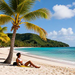 Caribbean Holidays, December Spa Breaks, Pristine Caribbean beach in Tobago with turquoise water, green hills and a visitor relaxing under a palm tree