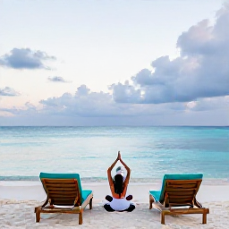 Caribbean Holidays, December Spa Breaks, Quiet Caribbean beach with sun loungers, calm turquoise water and a person practising yoga at dawn