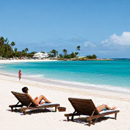Caribbean Holidays, December Spa Breaks, Quiet sandy beach in Saint Martin and Sint Maarten in December, sun loungers, turquoise water and a couple relaxing by the shore