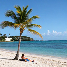 Caribbean Holidays, December Spa Breaks, Quiet white-sand beach and calm turquoise bay on St John, United States Virgin Islands, with a visitor relaxing under a palm tree