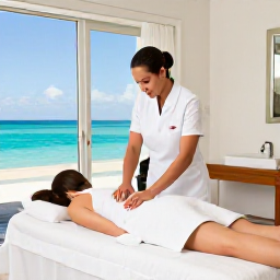 Caribbean Holidays, December Spa Breaks, Spa therapist giving a relaxing massage in a bright treatment room overlooking the Caribbean Sea in Turks and Caicos