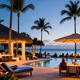 Caribbean Holidays, December Spa Breaks, Warm festive Caribbean resort scene in December with palm trees, subtle Christmas decorations and guests relaxing by a pool