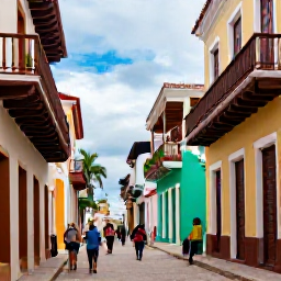 Caribbean Holidays, December Tours, Colourful colonial street in Santo Domingo with historic Spanish architecture and visitors exploring on foot