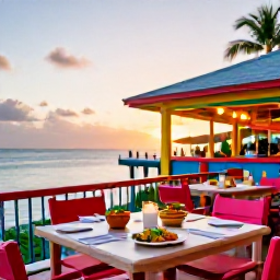 Caribbean Holidays, December Tours, Colourful waterfront restaurant in Providenciales at sunset with outdoor tables and Caribbean dishes