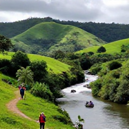 Caribbean Holidays, December Tours, Dominican Republic countryside with lush green hills, a river and visitors enjoying an adventure excursion