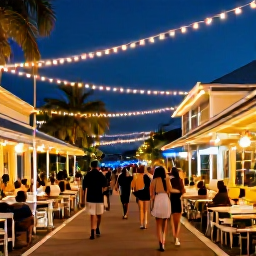Caribbean Holidays, December Tours, Festive evening in Philipsburg, Sint Maarten, with decorated streets, warm lights, waterfront restaurants and Caribbean nightlife
