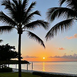 Caribbean Holidays, December Tours, Sunset over Grace Bay in Turks and Caicos with calm sea, golden light and silhouettes of palm trees