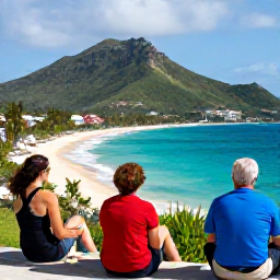 Caribbean Holidays, December Tours, Travellers relaxing at a Caribbean viewpoint in Saint Martin, looking over green hills, beaches and bright blue sea in December sunshine