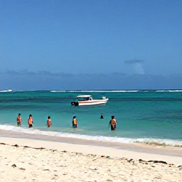 Caribbean Holidays, December Tours, Turquoise Caribbean sea and white sandy beach near Punta Cana with snorkellers and a small boat