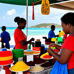 Caribbean Holidays, December Tours, Visitors exploring a colourful Caribbean market in Marigot, Saint Martin, with local produce, spices, crafts and harbour views