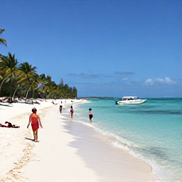 Caribbean Holidays, December Tours, Visitors relaxing on Grace Bay Beach with clear shallow water, palm trees and a small boat offshore