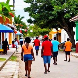 Caribbean Holidays, December Trinidad, Colourful Trinidad street scene in December, with local people, tropical greenery and festive decorations