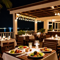 Caribbean Holidays, December Trinidad, Elegant Port of Spain restaurant terrace at night with Caribbean dishes and warm festive lighting