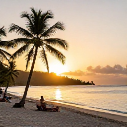 Caribbean Holidays, December Trinidad, Golden sunset over a Trinidad beach with calm sea, palm trees and relaxed visitors