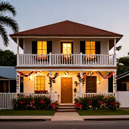 Caribbean Holidays, December Trinidad, Traditional Trinidad Christmas decorations and a warmly lit house in a friendly neighbourhood