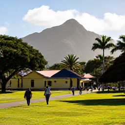 Caribbean Holidays, December Trinidad, Visitors walking through Queen's Park Savannah in warm December sunshine with the Northern Range mountains beyond