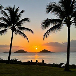Caribbean Holidays, December Walking, A Caribbean sunset viewed from a hilltop walking viewpoint, with silhouetted palm trees, calm sea and small islands in the distance