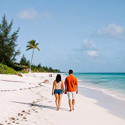 Caribbean Holidays, December Walking, A couple walking along a quiet white-sand beach on Providenciales in warm December sunshine, turquoise sea and gentle palms