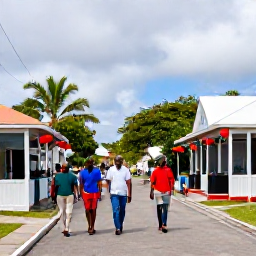 Caribbean Holidays, December Walking, A friendly Caribbean village street in December on Saint Kitts and Nevis, with local people, festive decorations and a welcoming atmosphere