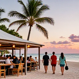 Caribbean Holidays, December Walking, A friendly outdoor caf&eacute; beside a Caribbean beach at sunset, with walkers enjoying drinks, palm trees and pastel December skies