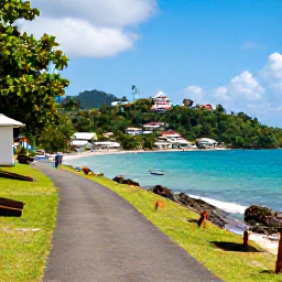 Caribbean Holidays, December Walking, A peaceful coastal path near a Caribbean village on Saint Vincent, with turquoise water, fishing boats and hillside homes