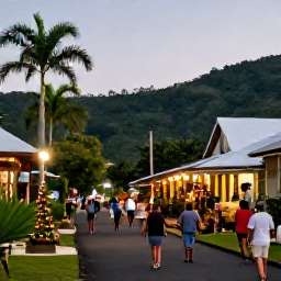 Caribbean Holidays, December Walking, A peaceful Saint Lucian village street decorated for Christmas, with local people, tropical greenery and warm evening light