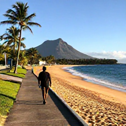Caribbean Holidays, December Walking, A peaceful walking path beside the sea on Nevis, with golden sand, palm trees and Nevis Peak in the background
