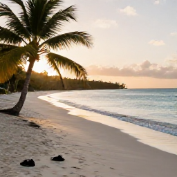 Caribbean Holidays, December Walking, A quiet Caribbean beach near Tortola after a morning hike, with walking shoes, palm trees, calm turquoise water and December sunlight