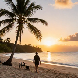 Caribbean Holidays, December Walking, A traveller relaxing beside a Saint Lucia beach at sunset after a day of walking, with palm trees and the Caribbean Sea