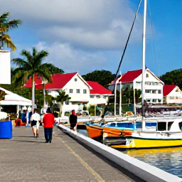 Caribbean Holidays, December Walking, Gustavia harbour in December, with colourful boats, red-roofed buildings, palm trees and people strolling along the waterfront