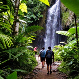 Caribbean Holidays, December Walking, Hikers walking through a green Saint Lucian rainforest beside a small waterfall, with filtered sunlight and tropical plants