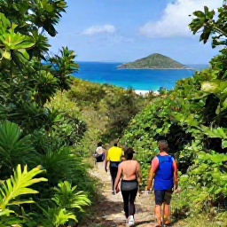 Caribbean Holidays, December Walking, Hikers walking through tropical woodland on Tortola, British Virgin Islands, with views towards nearby islands and the Caribbean Sea
