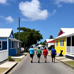 Caribbean Holidays, December Walking Holidays, A friendly walking group on a quiet Caribbean village street near colourful houses and a small harbour