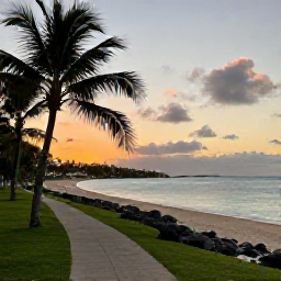 Caribbean Holidays, December Walking Holidays, A quiet Caribbean beach on Saint Martin at sunset in December, with a walking path, palm trees and calm turquoise water