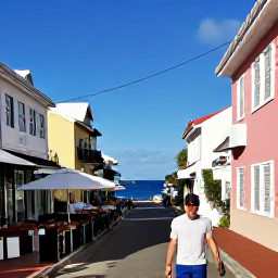 Caribbean Holidays, December Walking Holidays, A walker exploring the historic streets of Marigot, Saint Martin, with colourful buildings, caf&eacute;s and the Caribbean sea in the background
