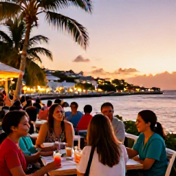 Caribbean Holidays, December Walking Holidays, Friendly walkers enjoying a sunset drink at a waterfront restaurant in Sint Maarten, with harbour lights and palm trees
