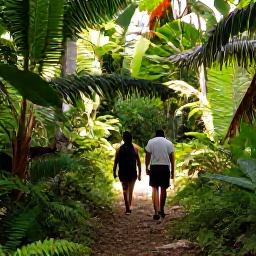 Caribbean Holidays, December Walking Holidays, Walkers exploring a lush Caribbean rainforest path with tropical plants and filtered December sunlight