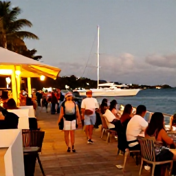Caribbean Holidays, December Walking, Visitors enjoying a relaxed December evening at a waterfront restaurant in the British Virgin Islands, with yachts, warm light and tropical surroundings