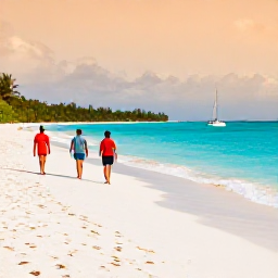 Caribbean Holidays, December Walking, Walkers approaching a quiet white-sand beach in the Grenadines, with clear turquoise water, sailboats and a warm tropical sky