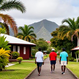 Caribbean Holidays, December Walking, Walkers exploring a historic sugar estate and railway path on Saint Kitts, with tropical vegetation and distant mountain views